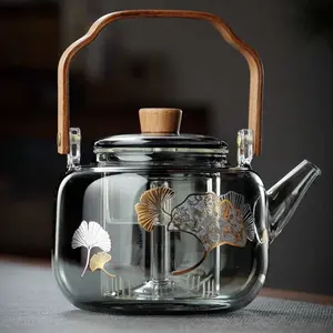 Teapot with Handle for Brewing Tea High Borosilicate Heat Resistant Glass Walnut Wood Handle Double Chamber Steaming and Brewing Integrated 1000ml Glass Flower Teapot for Home Kitchen accessory pot Glass Teapot Stylish Wooden