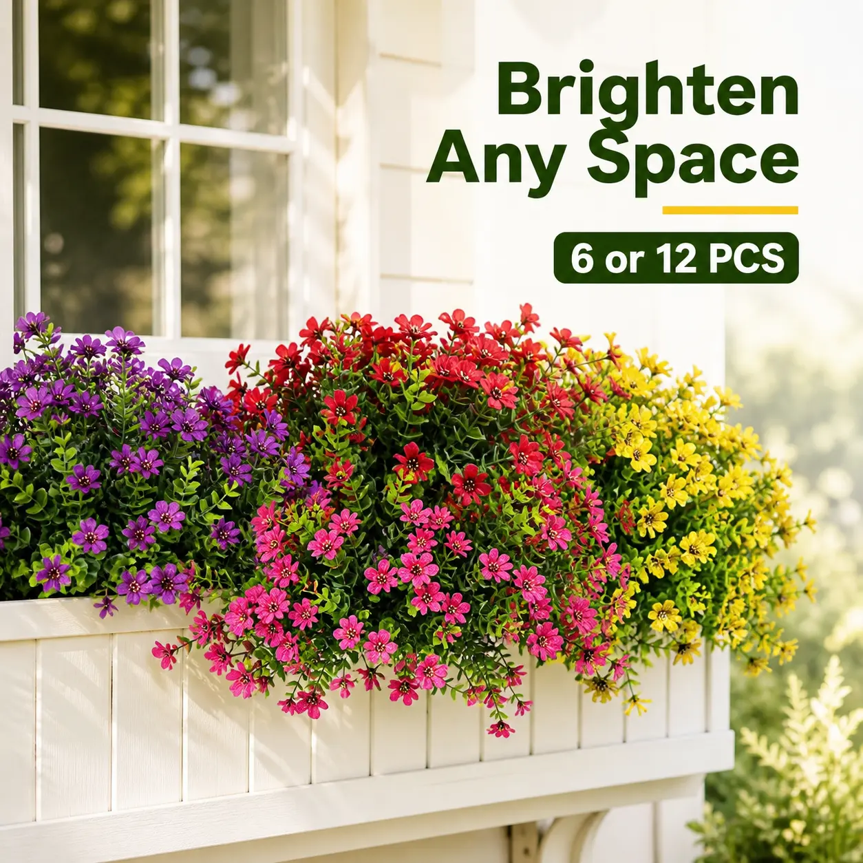 UV-Resistant Vibrant Artificial Decorative Flowers with Eucalyptus Greenery, 6 or 12 Bundles Silky Faux Daisy Plastic Plants, Low-Maintenance Universal All-Seasons Decor for Porch Planters, Indoor Spaces