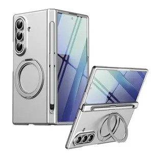 Fin For Samsung Galaxy Z Fold 7 6 5 4 3 360 Swivel Alloy Bracket Magnetic & Ring Tempered Glass Film With Stylus Pen Slot Phone Case
