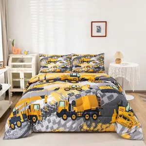 3-piece Engineering Theme Quilted Quilt Set, Bedding Set for Men and Women, Cartoon Car, Excavator, Tractor Theme Quilt Set, 1 Quilted Quilt and 2 Pillowcases (excluding pillow core) All season Soft, Comfortable, and Warm Products