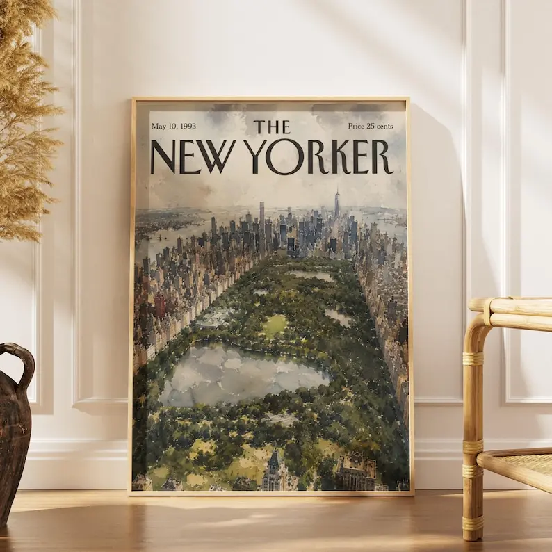 Retro New Yorker Poster, Vintage Central Park New York Print, Mid-Century Watercolor NYC Manhattan Skyline Art