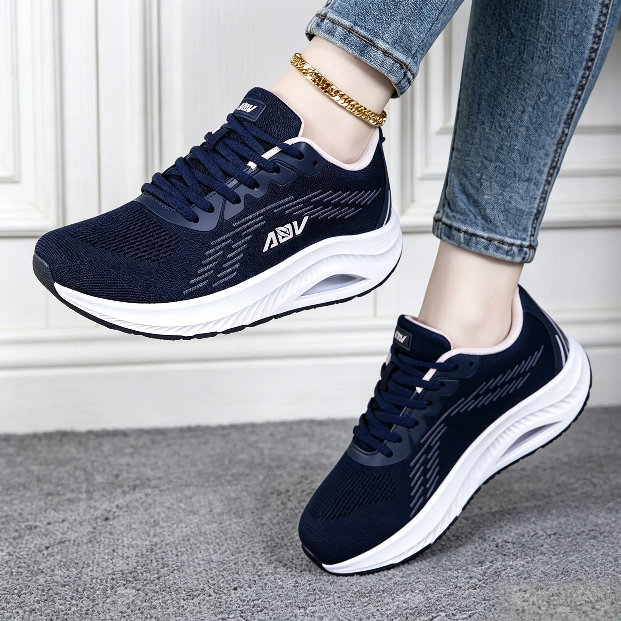 Women's Knit Casual Sneakers - Air Cushion Comfort Footwear with Mesh Upper, Adjustable Laces, Ankle Walking Shoes for Daily Walking, All Seasons Use, Sports Shoes, Training, Sporty Chic, Logos, Cloud Insoles Casual Trainers, Excellent Traction, Padded To