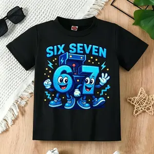 Boys' Cotton Video Game T-Shirt - 67 Cute Figure Cartoon & Geometric Custom Prints, Round Neck, Short Sleeves, Slight Micro Elastic, Comfy Casual Top for Spring Summer Adventures