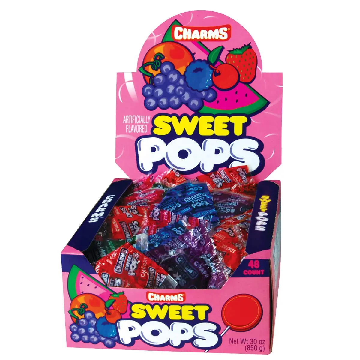 Charms Sweet Flat Pop 48 ct. - Sweet and Hard Flat Lollipop with Fruit Flavor - 48 Count Pack Snack Candy