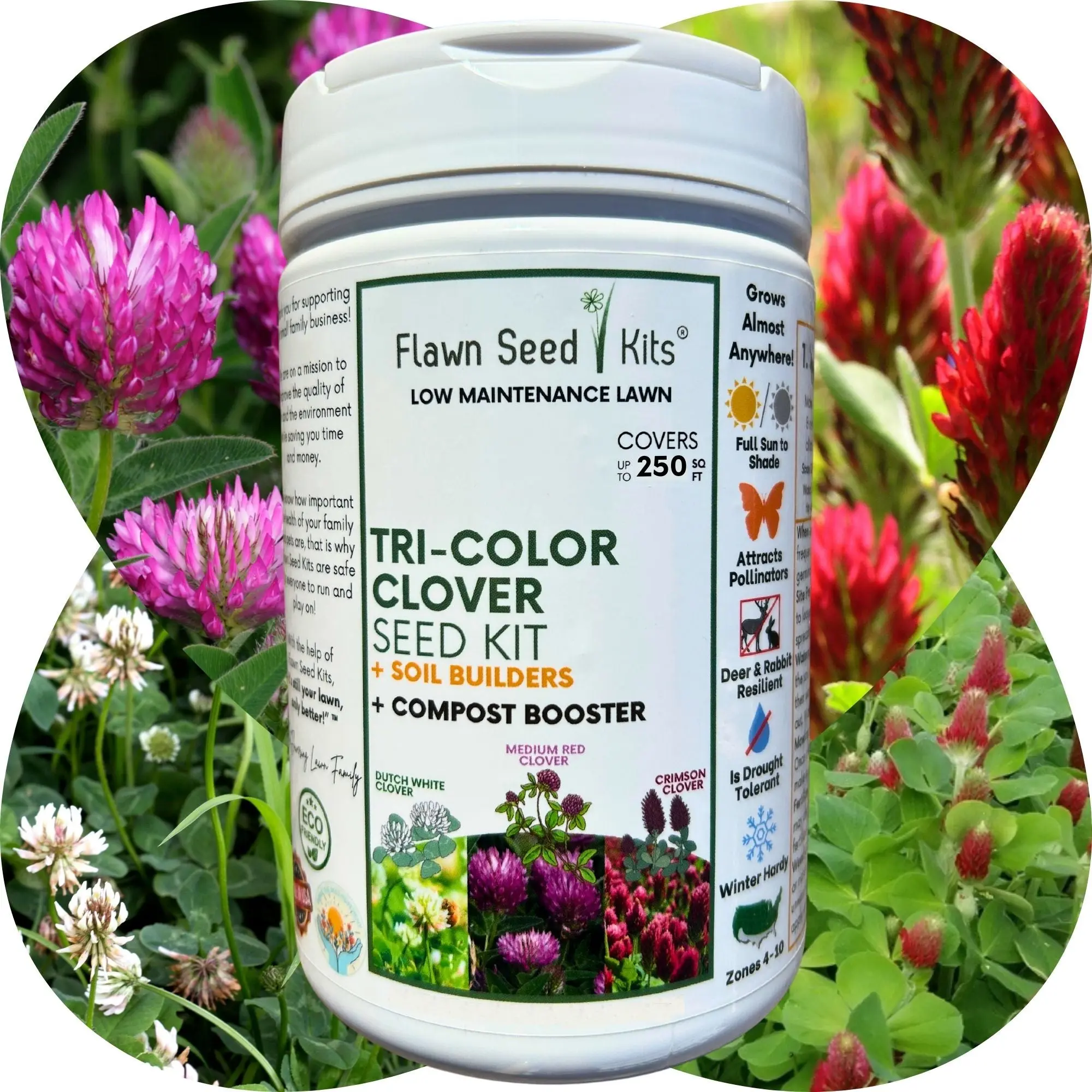 Flawn Seed Kits Tricolor Clover Seed Kit, Easy Spread Shaker Spreader, Low Maintenance, Alternative Ground Cover, 250-2500 sq ft