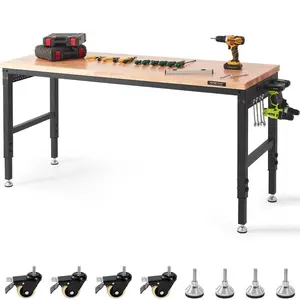 fathersdaygift VEVOR Adjustable Workbench, 72 L X 25 W Garage Worktable with Universal Wheels, 28-39.5 Heights 3000 LBS Load Capacity, with Power Outlets Hardwood Top Storage Foot Pads, for Office Home