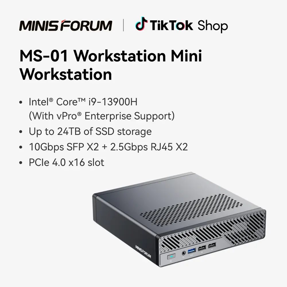MINISFORUM MS-01 Mini Workstation Core i9-13900H 32GB RAM 1TB SSD Mini PC, HDMI+2X USB4 8K Display, 2x10G SFP+ Port, 2x2.5G LAN Port, Support M.2 2280/22110/U.2 SSD/Intel Iris Xe Graphics