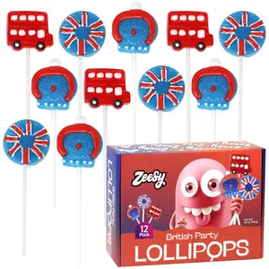 Zeesy British Party Lollipops 12 Individually Wrapped UK Candy Suckers with Union Jack, Double Decker Bus and Crown Shapes for Royal Parties