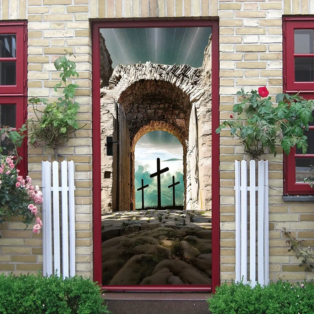 2 Vintage Stone Archway Wall Sticker Jesus Crucifixion Cross Decal Religious Theme Home Decor Self Adhesive Wallpaper Living Room Bedroom Background Mural Vinyl Wall Stickers