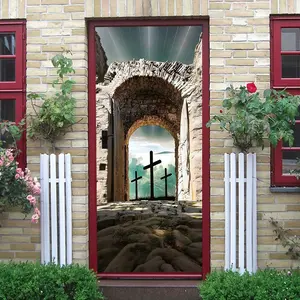 2 Vintage Stone Archway Wall Sticker Jesus Crucifixion Cross Decal Religious Theme Home Decor Self Adhesive Wallpaper Living Room Bedroom Background Mural Vinyl Wall Stickers