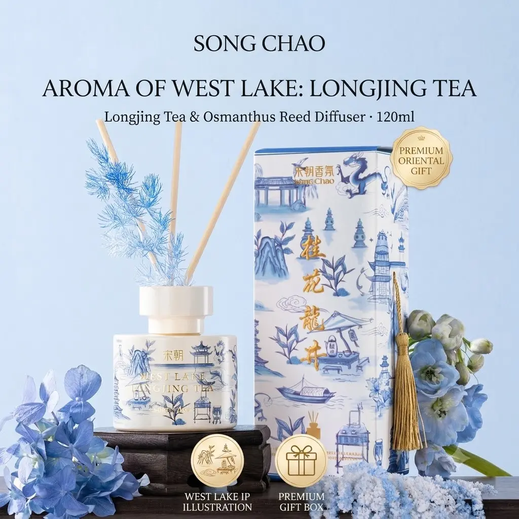 SONG CHAO West Lake Longjing Tea Reed Diffuser Set, Osmanthus & Green Tea Essential Oil Diffuser, Blue & White Porcelain Home Fragrance Room Freshener, 4.06 oz / 120ml