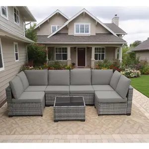 7 Pieces Outdoor Patio Furniture Sets, All-Weather Sectional Sofa Grey PE Rattan Wicker Conversation Set with Glass Table and Washable Grey Cushions for Backyard,Sunroom,Garden,Porch