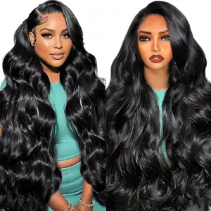 MIRELLE 13x6 Synthetic Black Lace Front Wigs for Women HD Transparent Body Wave Lace Frontal Wig Pre-Plucked with Baby Hair Heat Resistant Fiber 30 Inches 220 Density #1B