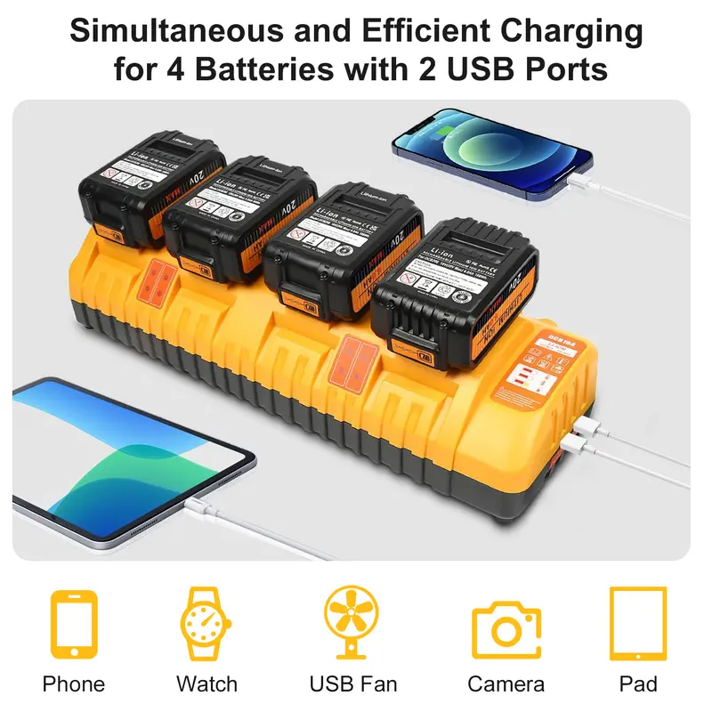 Amityke DCB104 Replacement for Dewalt Multi-Battery Charger Station 4-Port Efficient Charging 12V 20V Batteries Dual USB Ports LED Indicator Portable Power Tool Accessories 1