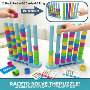 Color Stacking Challenge – Fast-Paced STEM Sorting & Stacking Puzzle for Age 6+, Family Board Game with 2 Racks + 50 Cards + 80 Rings, Brain Teaser for Kids