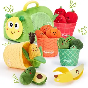 Toys for 1 Year Old - 17 PCS Color Sorting Fruits & Veggies, Plush Play Food with Caterpillar Storage Bag, Sensory Baby Toys 6-12 Months First Learning Baby Easter Basket Stuffers