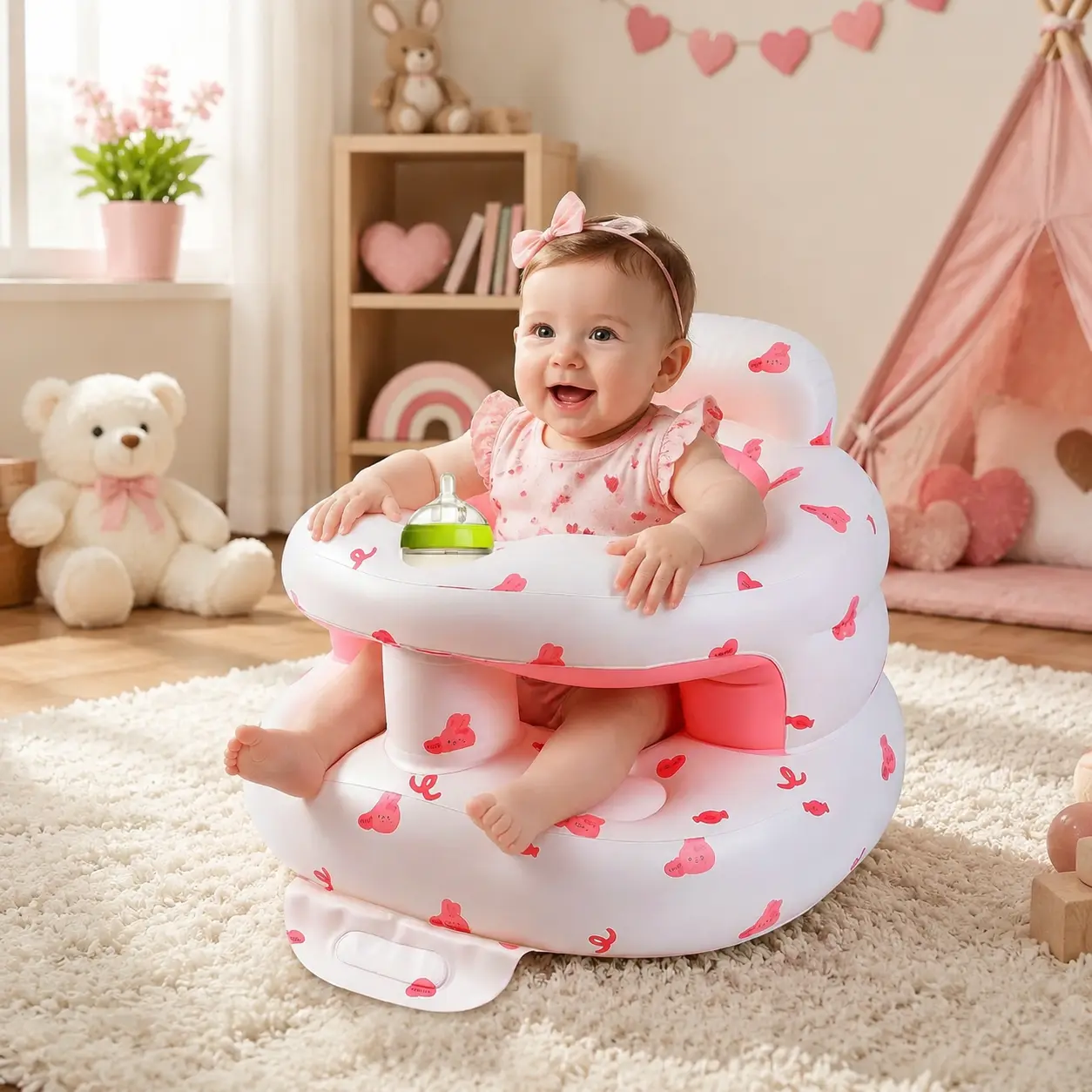 Inflatable Baby Sit-Me-Up Floor Chair - PVC Material with Built-in Air Pump, Full Enclosure Protection, for 3+ Months Toddlers