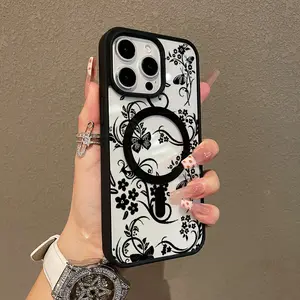 Adorable Magnetic Case for iPhone11/12/13/14/15/16/17/promax Black Floral Butterflies MagSafe Compatible, Lightweight, Anti-Fall | Girly & Chic Style