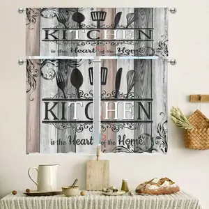 3 PIECES 【Retro Kitchen Theme Curtain】 Wood-grain pattern on the fabric, durable, semi-transparent for privacy protection, suitable for bedroom, kitchen, dining room and other home decoration scenarios.