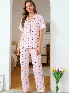 Women's Sleepwear Set, Pajama Set, 100% Soft Fabric, Loose Fit Short Sleeve Cardigan, Colorful Heart Plaid Pattern, All Seasons