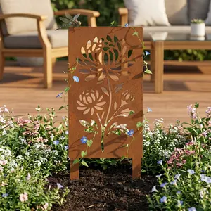 Daisy Theme Metal Garden Screen Stand, 2D Flat Design Ground Stake, Plant Climbing Rack, Privacy Divider, Outdoor Decor