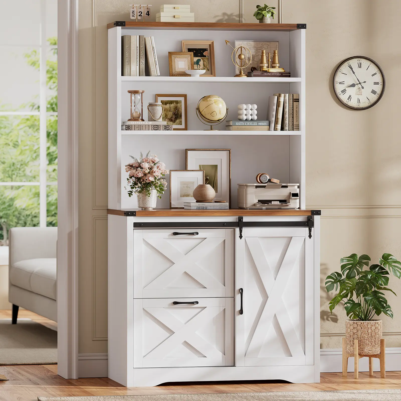 SEDETA 31.5 Inch 2 Drawer File Cabinet Farmhouse Filing Cabinet fits Letter Legal A4 Size Hanging File Folders File Cabinets for Home Office Printer Stand with Storage Shelf and Sliding Door