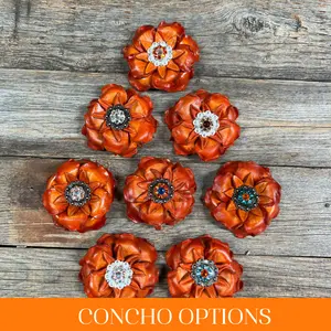 Orange Gardenia Leather Flowers - 1" Crystal Conchos - Options