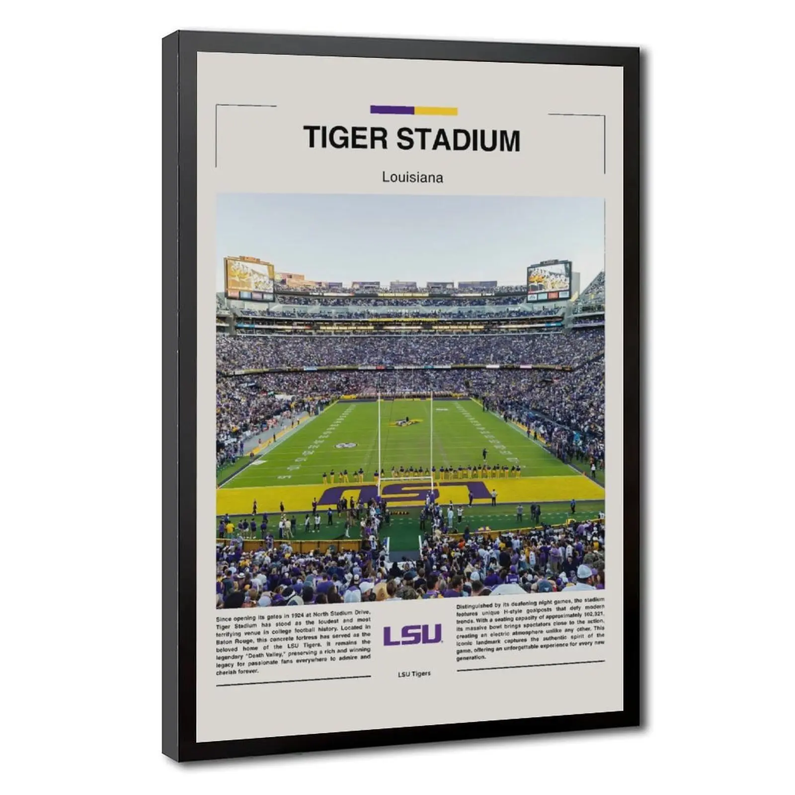 LSU Tigers Tiger Stadium Louisiana College Football Canvas Print Poster - Purple and Gold Home Decor, Dorm Decor for Guys, Man Cave Wall Art, Decoration, College Dorm Decor
