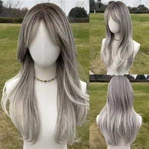 SMILCO 26 Inch Medium-section Micro-curly Gray and white highlights Layer Synthetic Wig SM258 High Temperature Resistant Adjustable Breathable Rose Mesh for Daily Use