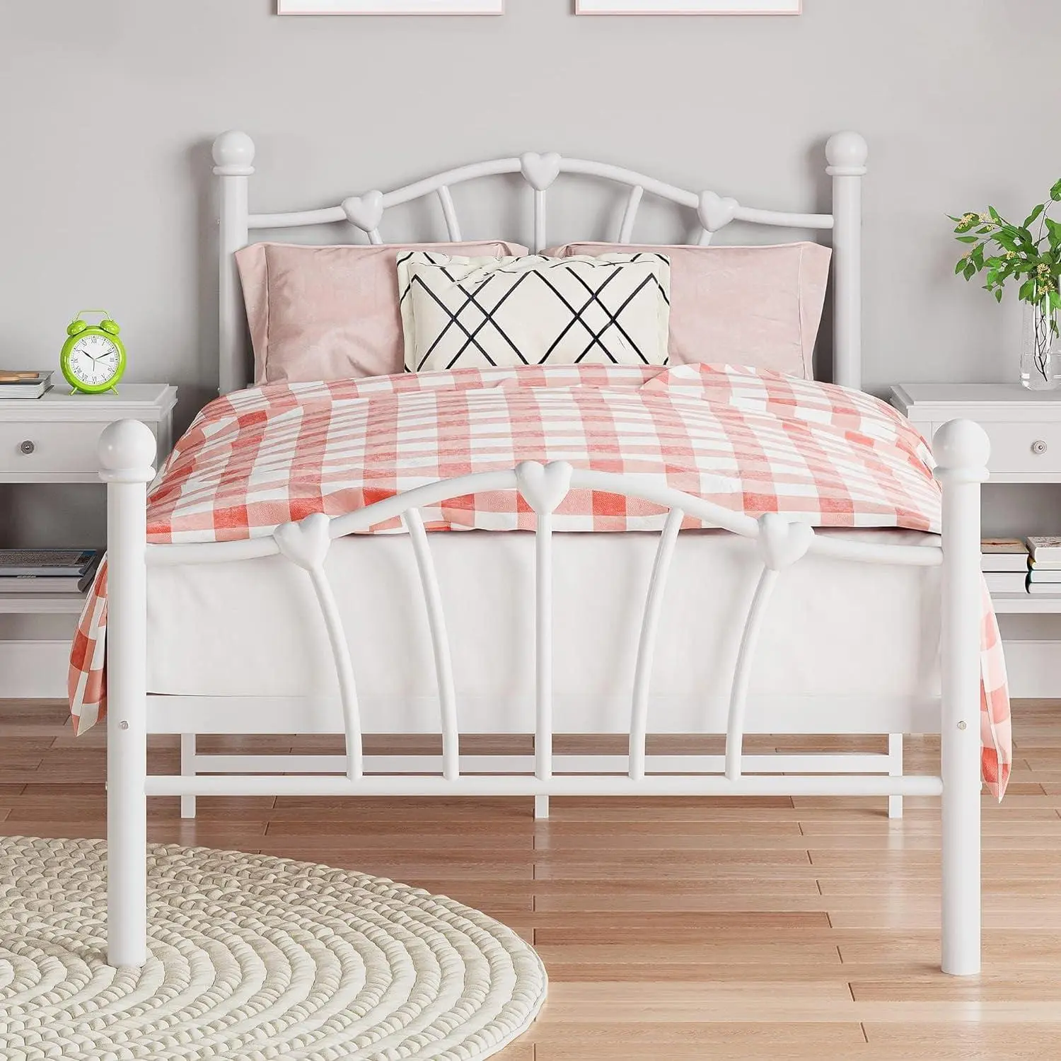 Twin Size Metal Frame  Metal Platform Bed Frame with Iron-Art Sweat Heart Headboard  Underneath Storage  Footboard  600 Lbs Load Capacity  Easy Assembly  No Box Spring Needed  White