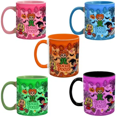 Ceramic Halloween Coffee Mug - Cute Witch Sisters Design, Colorful Pumpkins & Bats Printed Pattern, Beverage Cup, Classic Stylish HCP5019 Kitchenware Ceramic Printed Drinkware