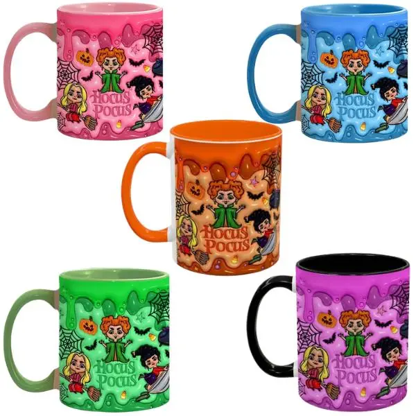 Stylish Ceramic Halloween Coffee Mug - Cute Witch Sisters Design, Colorful Pumpkins & Bats Pattern, Beverage Cup for Spooky Season Drinkware
