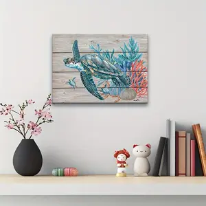 Framed, blue green bathroom decoration wall art with beach turtle swimming underwater, coral and turquoise seaweed surrounding, rustic wooden plank background, turtle gift suitable for women, framed ready to hang., 2D Flat