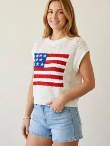 Women's Patriotic American Flag Knitting Jumper - Summer Short-Sleeve Pointelle Crochet Crewneck Pullover, Chic Preppy Fabric Design, Perfect to Pair with Swimsuit, Camisole or Jeans fathersdaygift