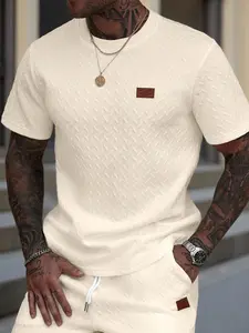 Men's tops, casual textured fabric short-sleeved Fitted T-shirt white, ribbed round neck tops, summer solid color versatile fashion men's wear
