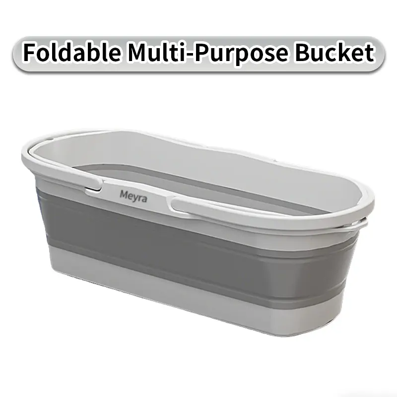 Meyra Foldable Rectangular Rubber-ABS Cleaning Bucket with Handle, Leakproof Wear-Resistant Portable Home Goods Tub – Bathroom Accessory for Mopping Floors & Household Storage