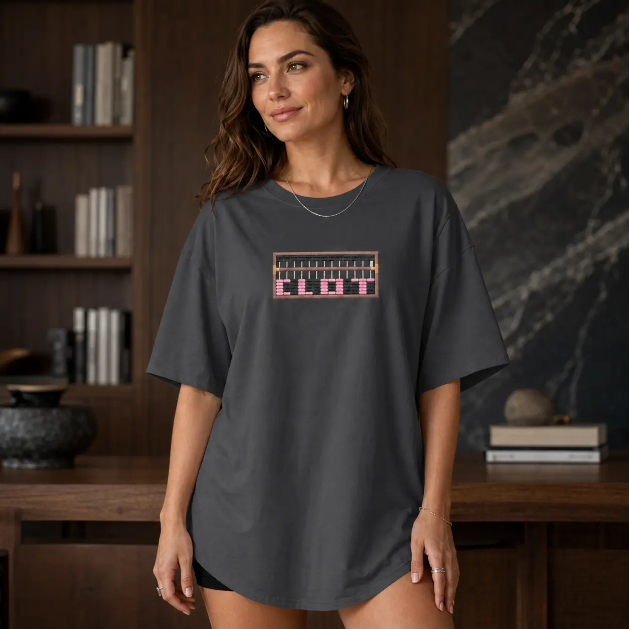 T-shirt with trendy and versatile patterns, featuring retro embroidered abacus print in a loose round-neck short-sleeved casual streetwear style, suitable for both men and women.