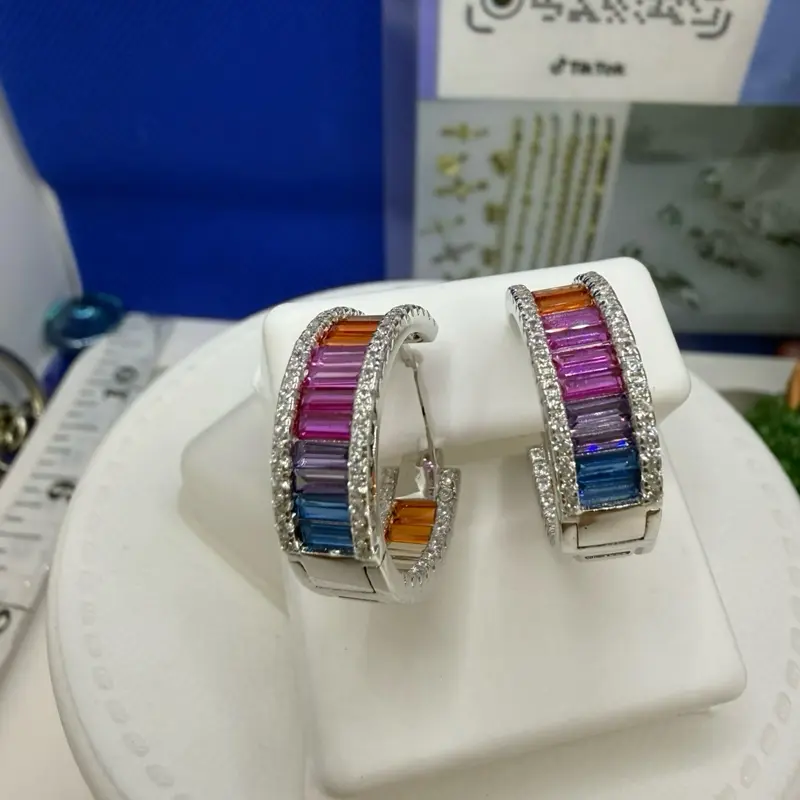 925 sterling silver hoops high quality cubic zirconia stones solid Italian silver)) Arracadas de Alta calidad solido piedras finas de zirconia plata Italiana