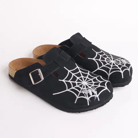 Men's Spider Web Embroidered Closed Toe Mules, Mule Shoes, Genuine Cowhide Slip On Slippers, Non Slip Rubber Sole, Streetwear All Season Casual Footwear