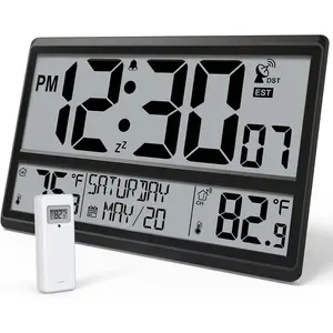 Atomic Clock 4.5" Numbers, 15'' Large Display Atomic Wall Clock Never Needs Setting, Indoor Outdoor Temperature with Wireless Outdoor Sensor, Battery Powered, Clock for Home Office