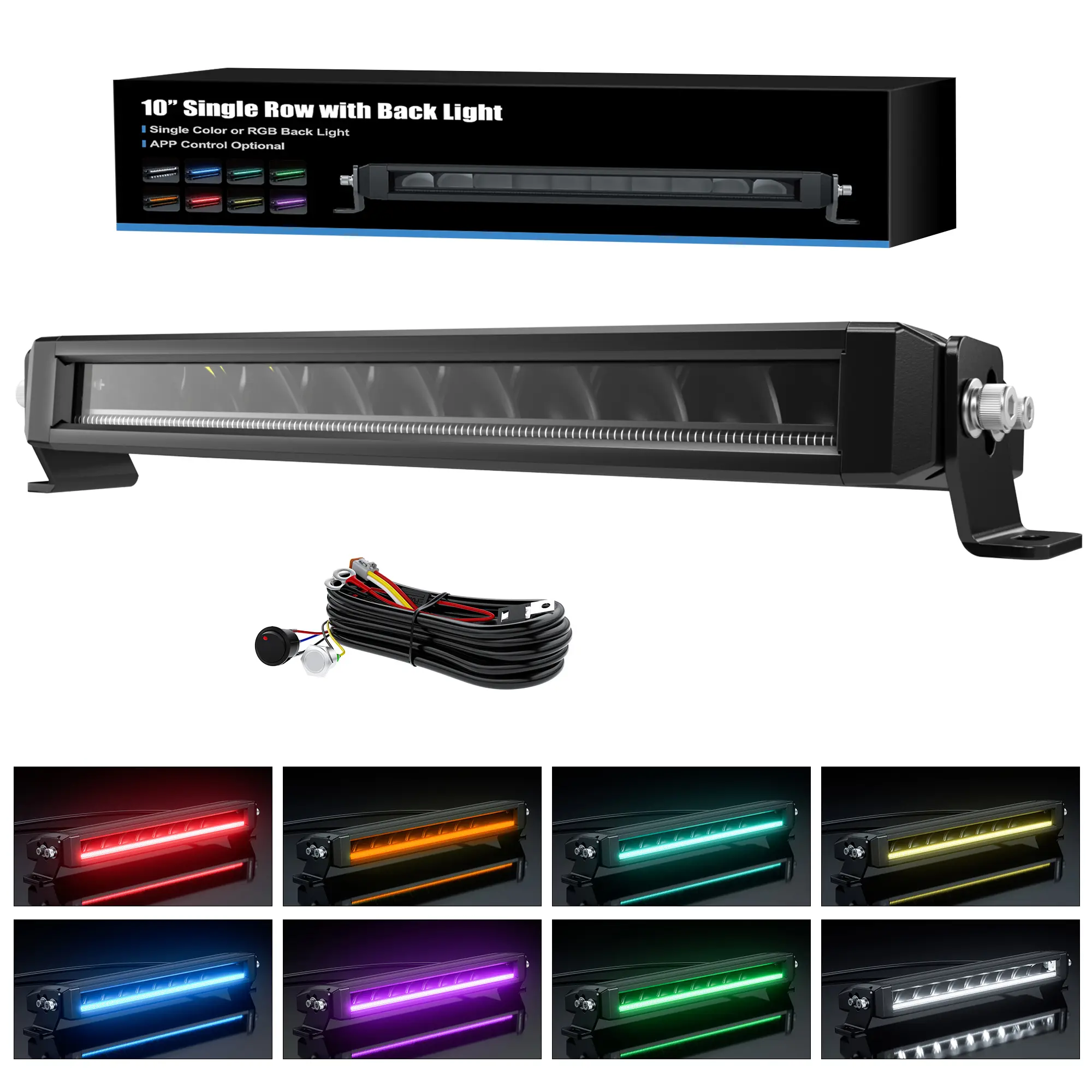 4WDKING Slim Profile RGBW Accent LED Work Light Bar - Screwless Design, IP68/IP69 Waterproof, 10FT Wire Harness, Led Car Lights for Truck, ATV