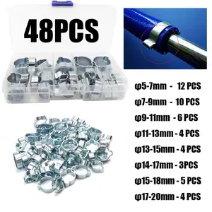 48pcs Galvanized Double Ear Hose Clamps, 8 Sizes 5-7/7-9/9-11/11-13/13-15/14-17/15-18/17-20mm, Hardware Accessories