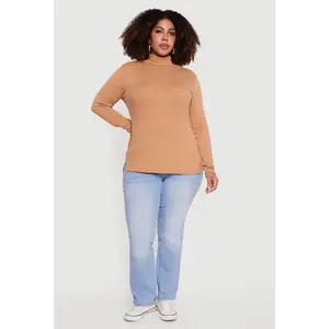 Plus Size Ribbed Knit Turtleneck Long Sleeve Top