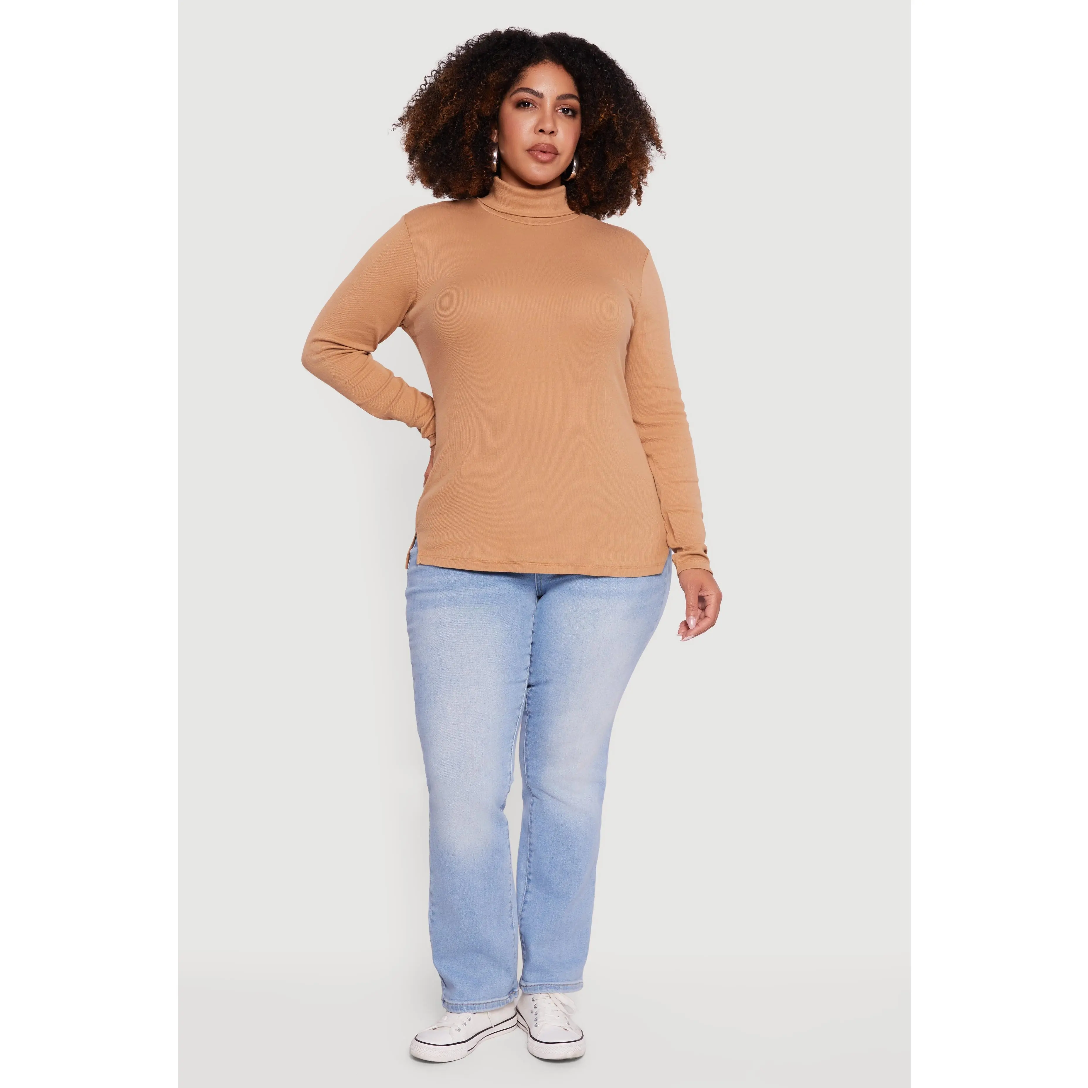 Plus Size Ribbed Knit Turtleneck Long Sleeve Top