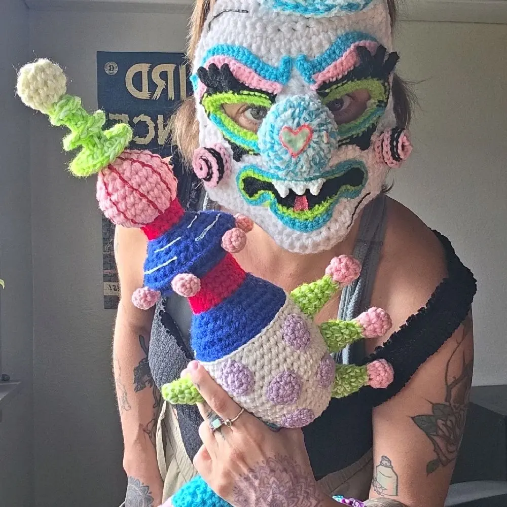 Killer Klown Ray Gun Handmade Crochet Collectable with Vibrant Colors and Unique Design Glows in the Dark Eldstitch Horrors Pattern