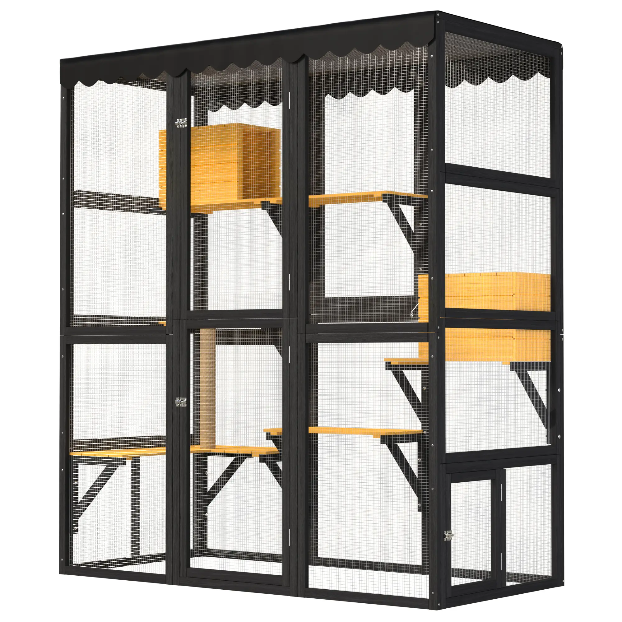 Outdoor Cat Enclosure – Large Wooden Walk-In Catio with Window Connection, 2 Condos & 5 Platforms, 4 Lockable Doors, Weatherproof Roof for Multiple Cats