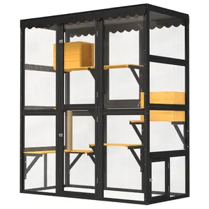 Outdoor Cat Enclosure – Large Wooden Walk-In Catio with Window Connection, 2 Condos & 5 Platforms, 4 Lockable Doors, Weatherproof Roof for Multiple Cats
