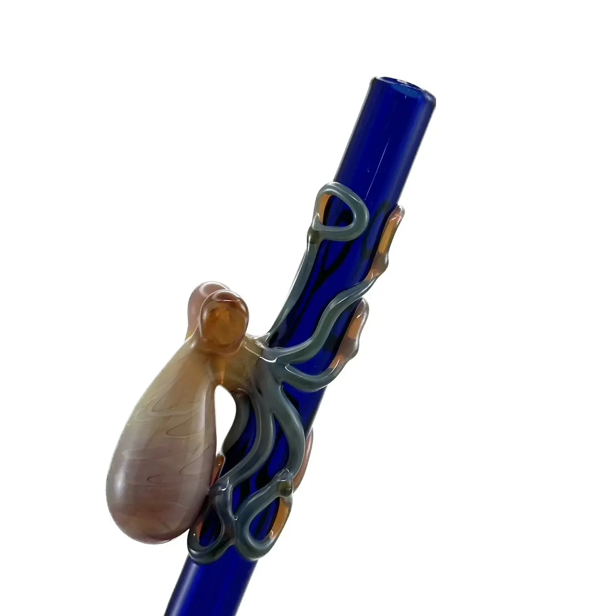 Octopus Glass Straw. Reusable hand blown 9” tall cobalt blue straw with flamework triple passion octopi Drinkware