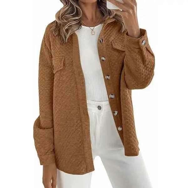 ZESICA Lady's Casual Longsleeves Button-Down Loose Shacket, Women's Outerwear Tops for Women