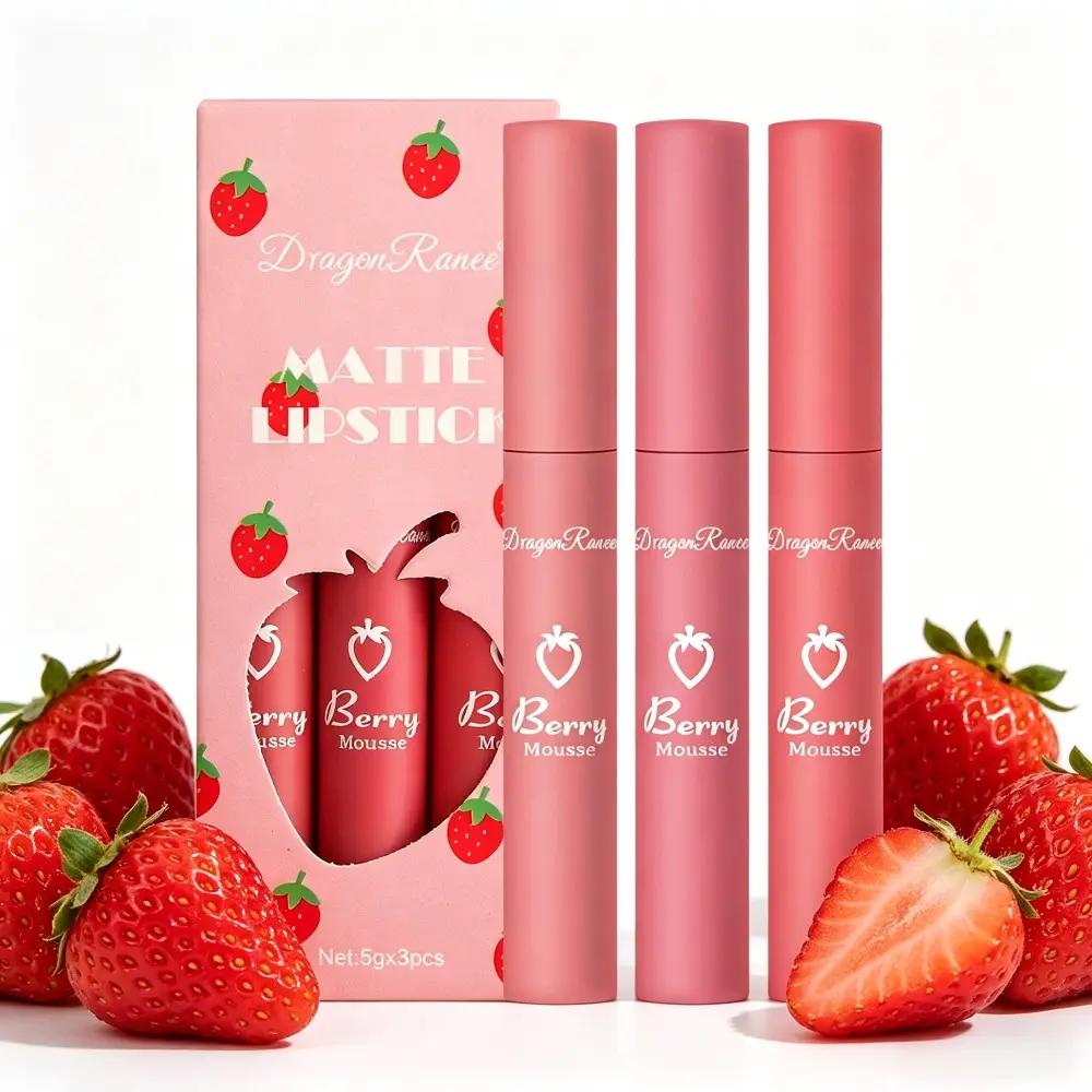 3Pcs Strawberry Matte Lip Glaze Set Lip Trio Long-wearing Velvet Mousse Lipstick Non-stick Cup Lipgloss Cosmetic